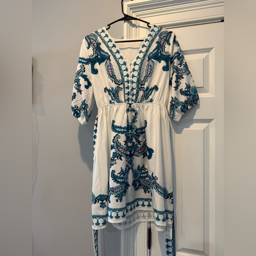 Cupshe White Mini Dress with Teal & Pink Embroidery